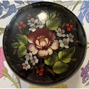 Vintage USSR Russian Art Hand Painted Lacquered Metal Trinket Box Black Floral